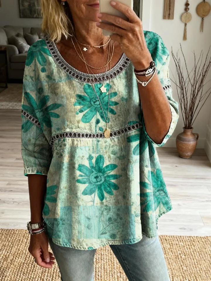 Women's Bohemian Vintage Floral Art Print Flowy Linen Blend Casual Tops