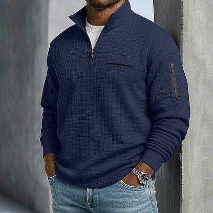 Men's Waffle Polo Shirts Textured Sports & Outdoor Casual Quarter Zip Long Sleeve Fashion Comfortable Zip Up Pocket Spring