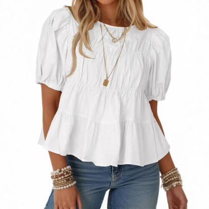 Tiered Round Neck Puff Sleeve Ruched Blouse