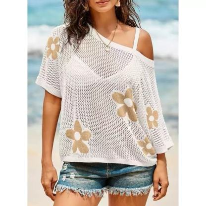 Women’s Crochet Knit Hollow Out Cover Up – Lightweight Loose Short Sleeve Pullover for Beach, Vacation & Summer Layering Beach Cover Ups