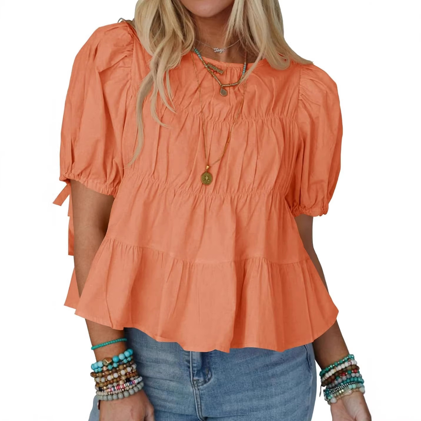 Tiered Round Neck Puff Sleeve Ruched Blouse