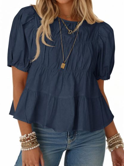 Tiered Round Neck Puff Sleeve Ruched Blouse