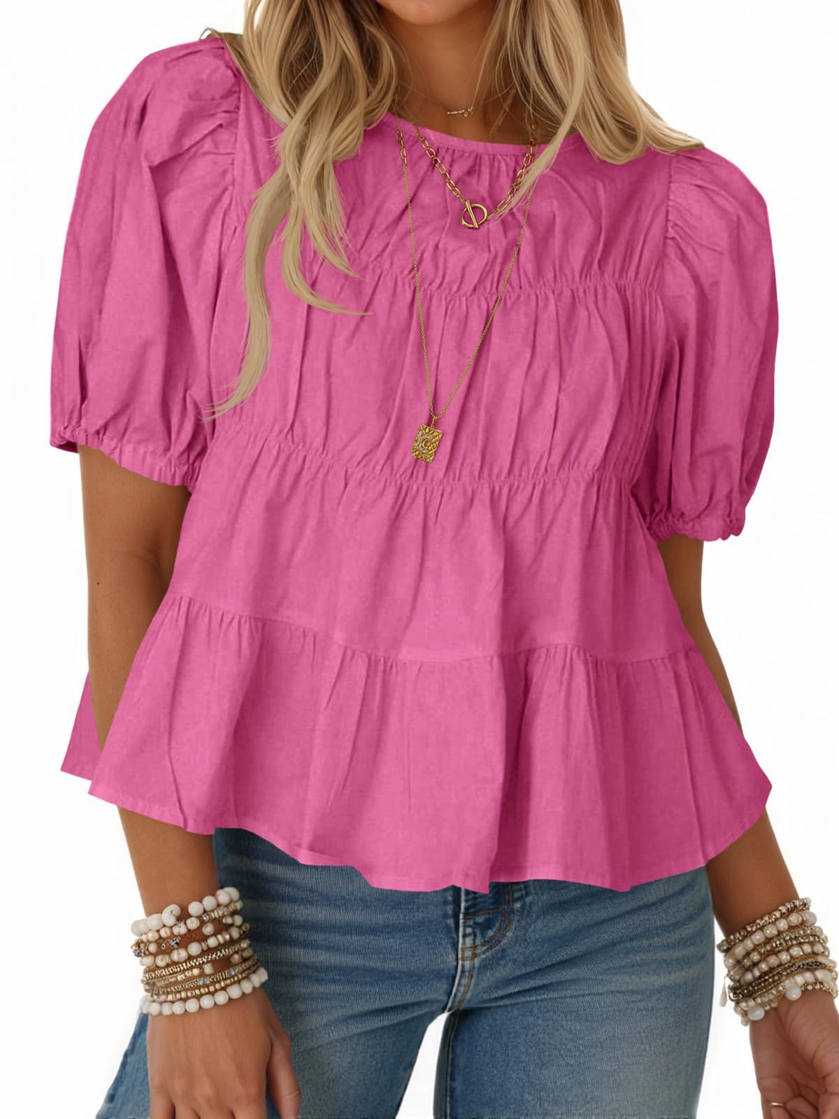 Tiered Round Neck Puff Sleeve Ruched Blouse