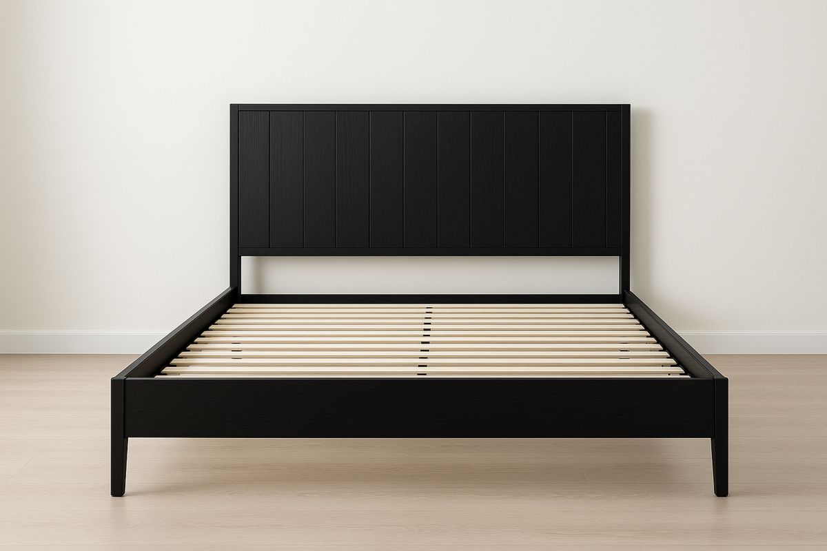 Black Wood Queen Bed Frame with Slatted Base-Volinetra