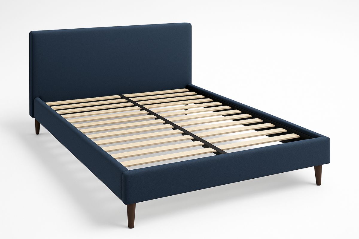 Navy Upholstered Queen Bed Frame with Wood Slats and Legs 220cm x 160cm x 100cm-Volinetra