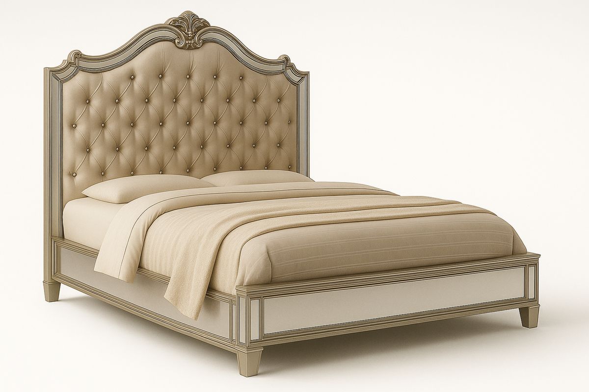 Beige Tufted Upholstered Bed with Wood Frame-Volinetra