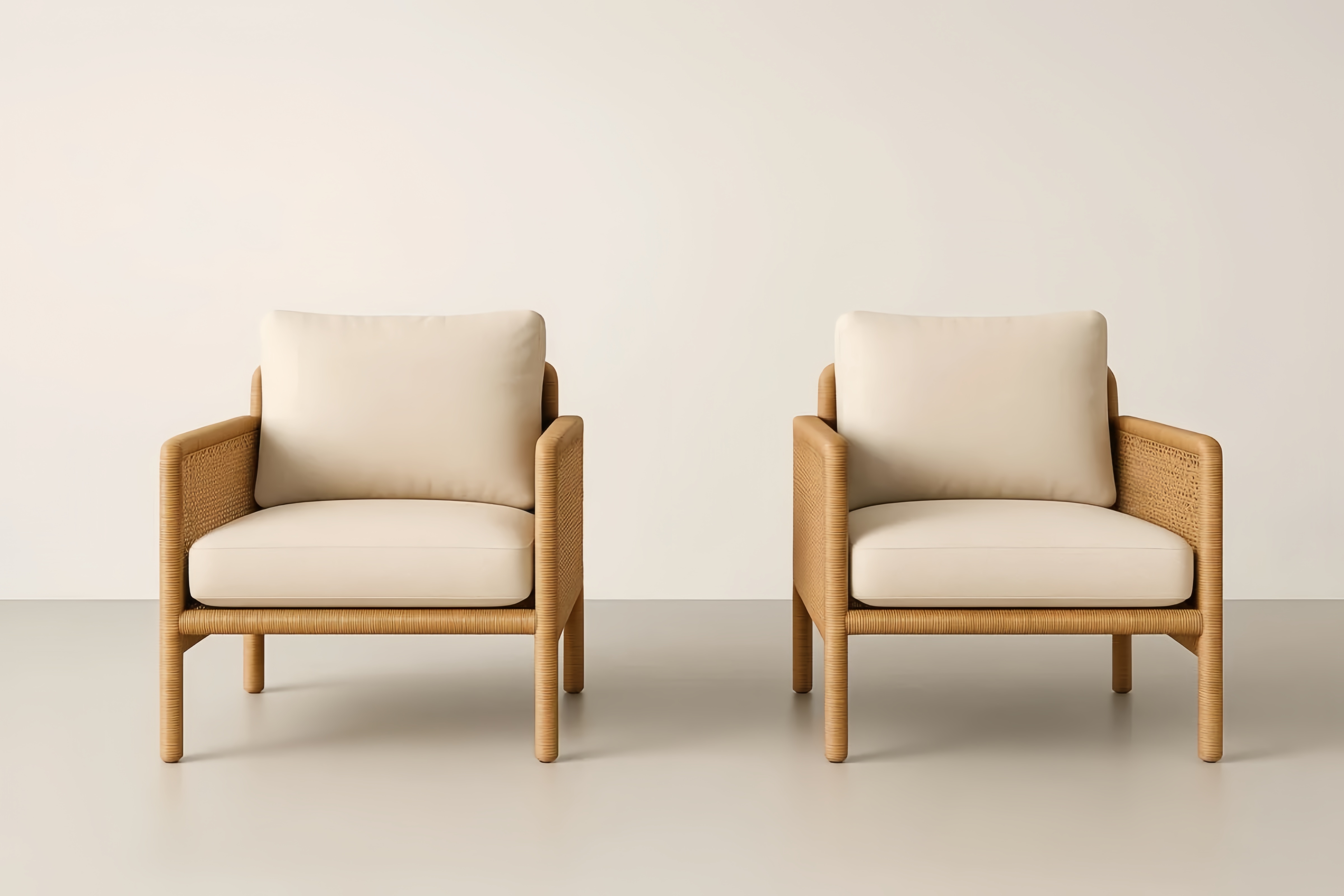 Set poltrone in legno e rattan beige