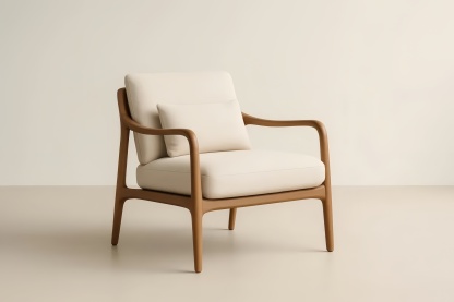 Poltrona in tessuto crema con struttura in legno massello