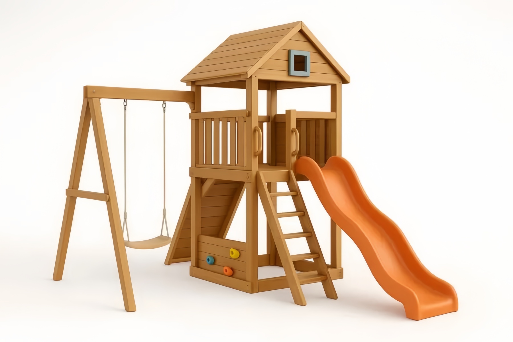Altalena e Scivolo in Legno Massello con Torre di Arrampicata e Casetta Gioco Arancione