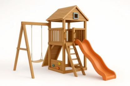 Altalena e Scivolo in Legno Massello con Torre di Arrampicata e Casetta Gioco Arancione