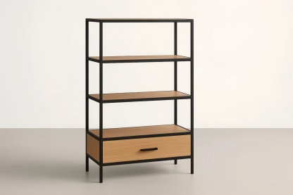 Libreria in metallo nero e legno naturale con cassetto 4 ripiani 150x80x35 cm