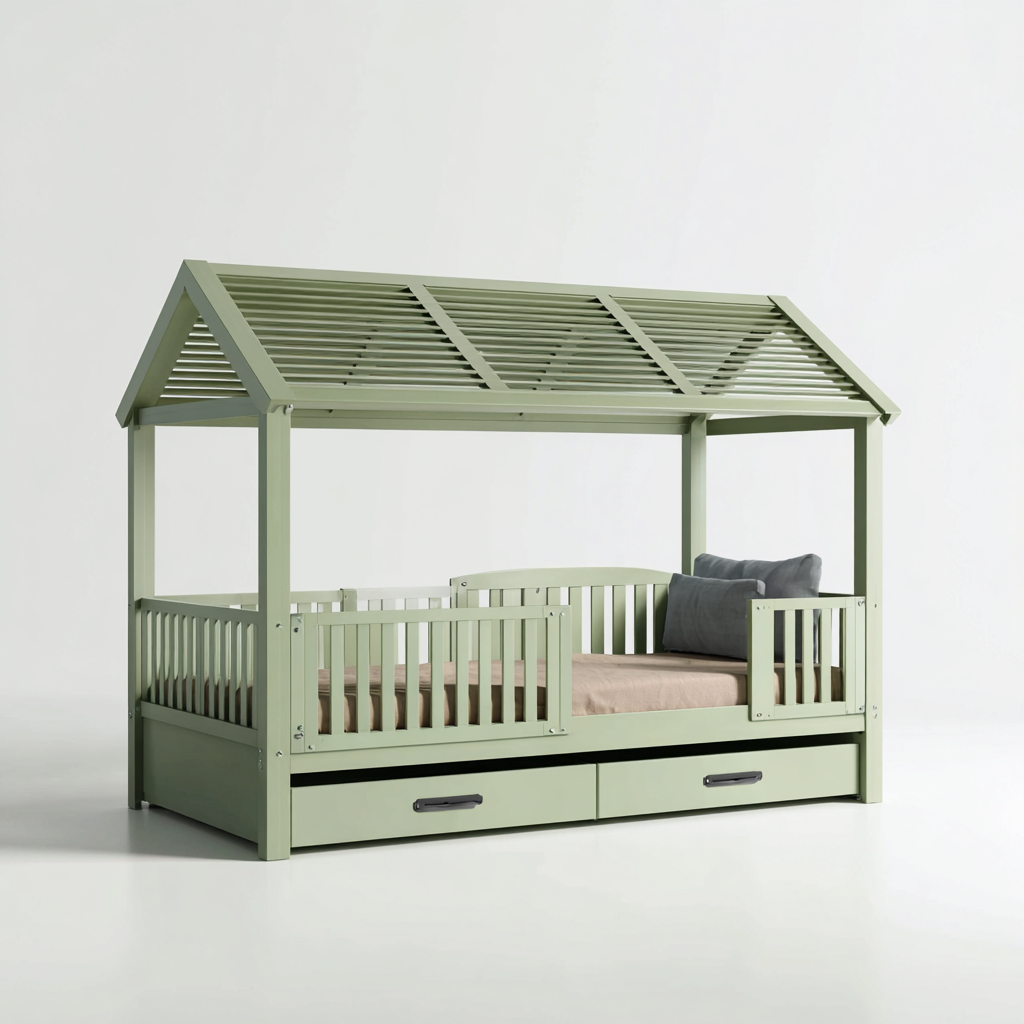 Letto per bambini legno 190x100x170 cm - verde - per camera da letto - design a casetta con spazio contenitivo-Framearo