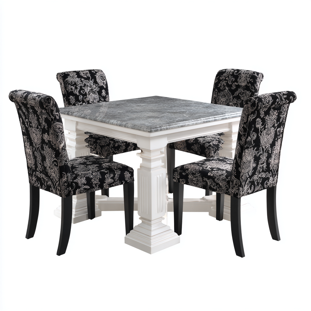 Set da pranzo con tavolo in legno bianco e piano effetto marmo 110x110x75 cm - nero - bianco - stile classico-Framearo