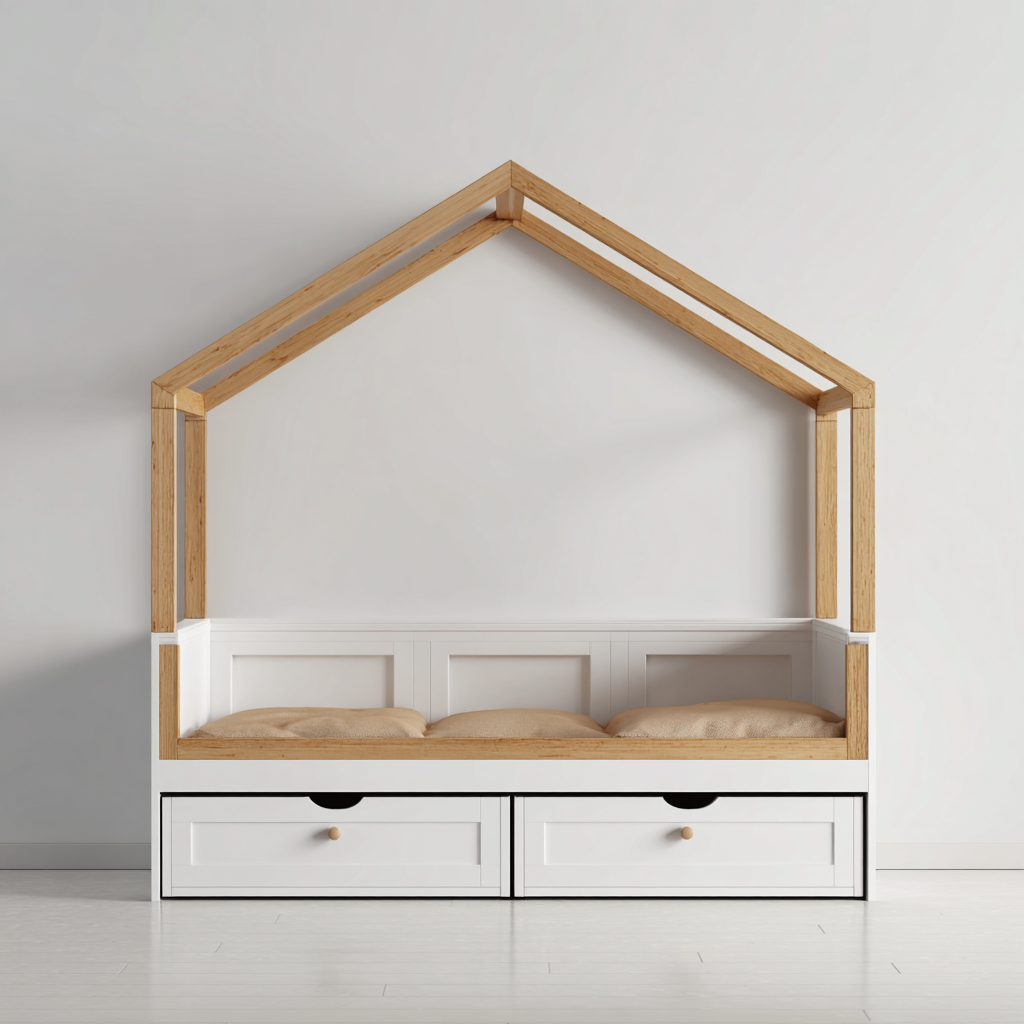 Letto per bambini - legno composito 165x80x165 cm - bianco - legno naturale - adatto per camera da letto - design a casetta con cassetti-Framearo