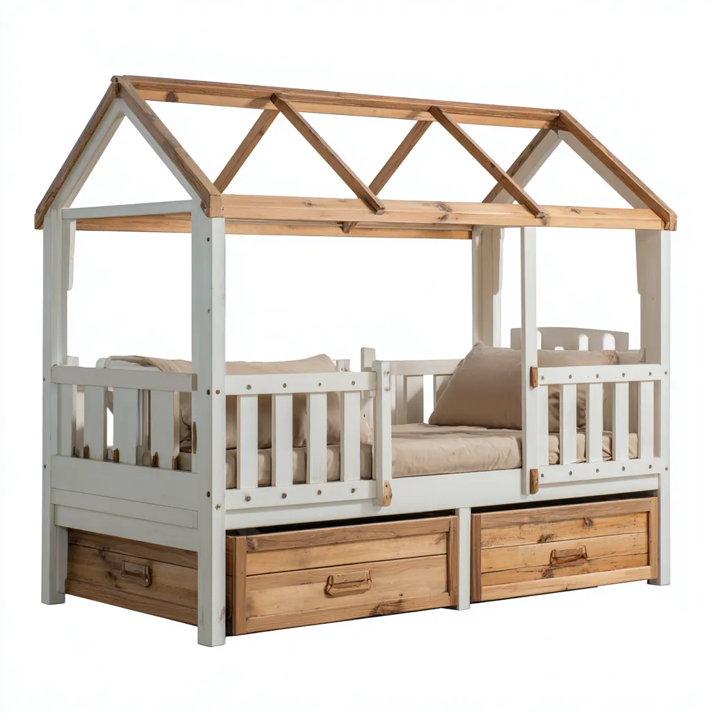 Letto per bambini - legno 210x105x185 cm - bianco - legno naturale - adatto per camera da letto - design a casetta con due cassetti-Framearo