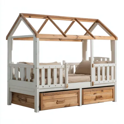Letto per bambini - legno 210x105x185 cm - bianco - legno naturale - adatto per camera da letto - design a casetta con due cassetti-Framearo