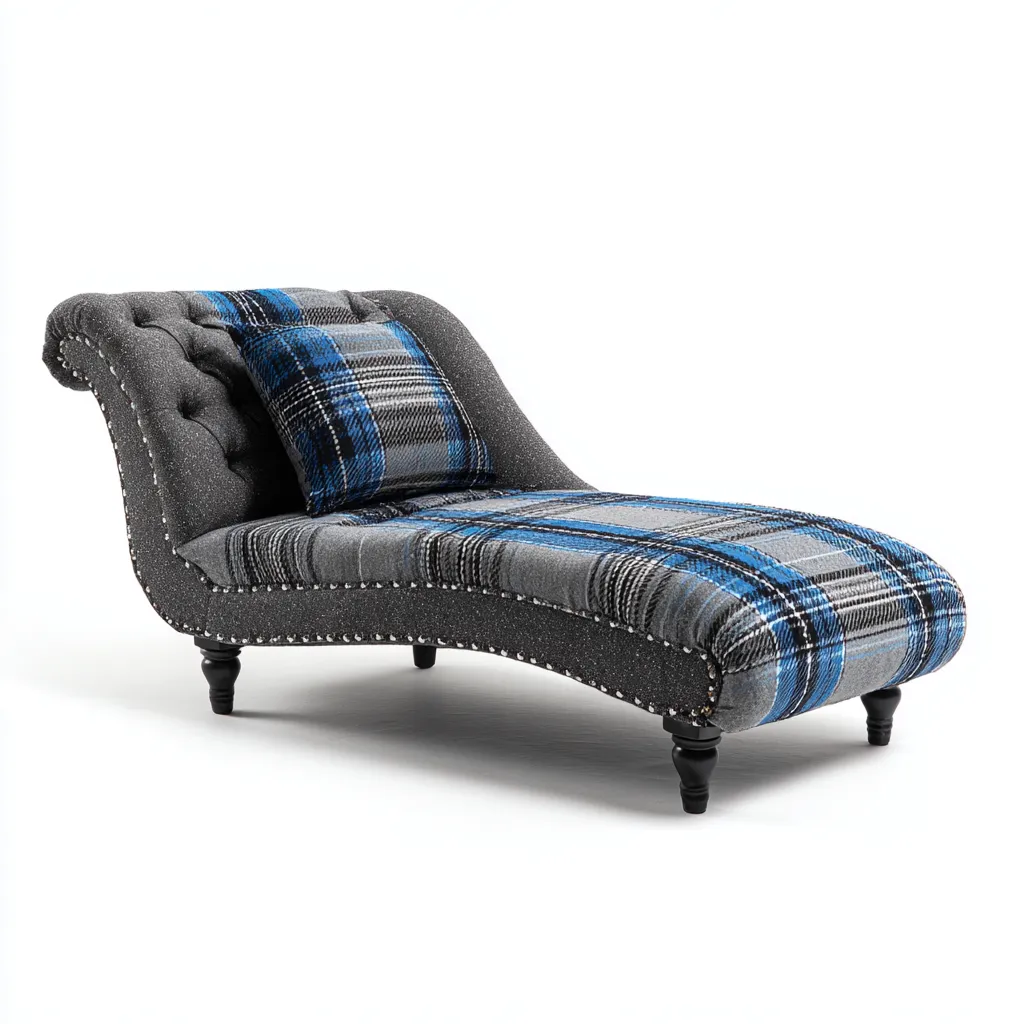 Chaise longue in tessuto scozzese 175x55x85 cm - grigio - blu - per soggiorno - design ricurvo classico-Framearo