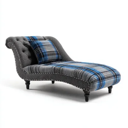 Chaise longue in tessuto scozzese 175x55x85 cm - grigio - blu - per soggiorno - design ricurvo classico-Framearo