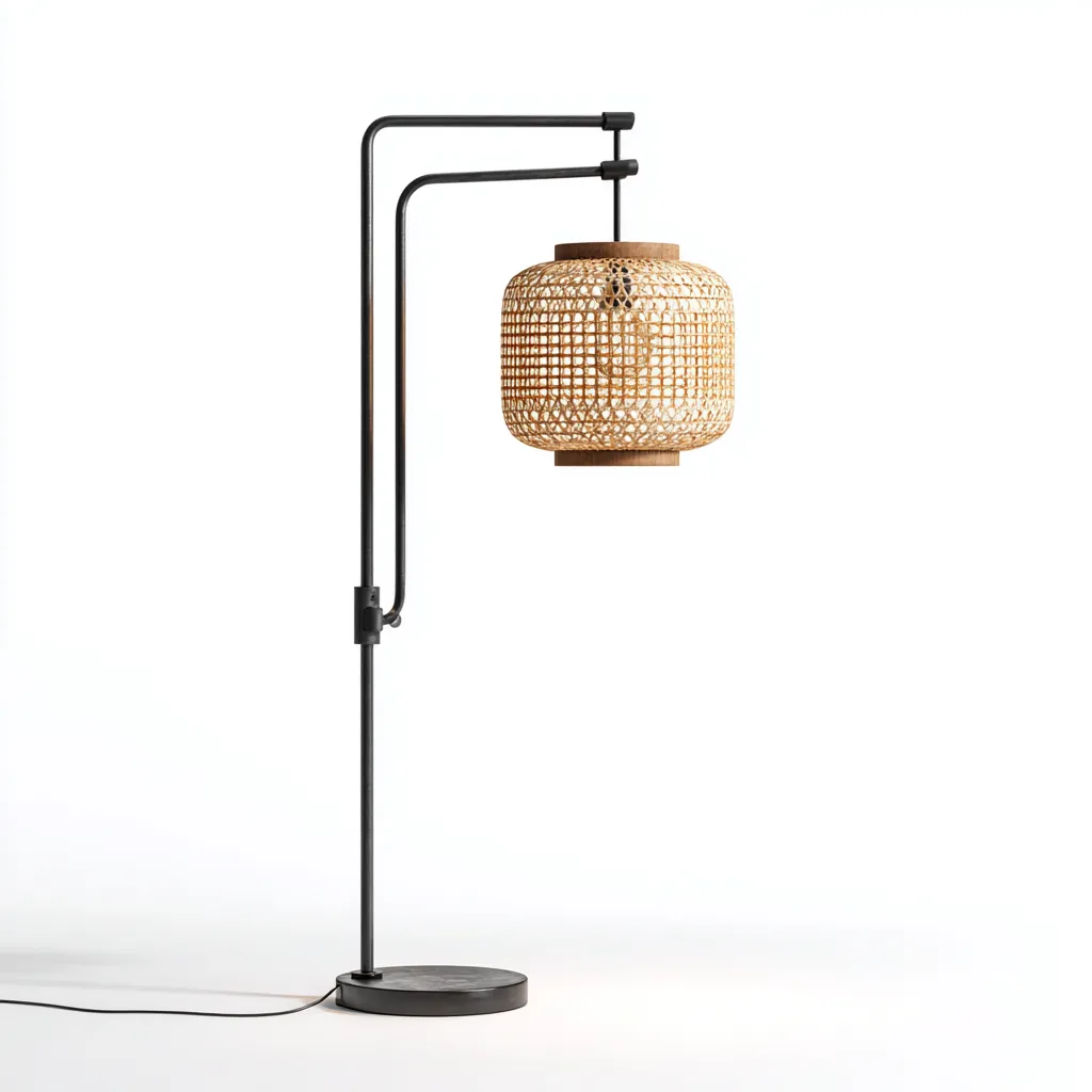 Lampada da terra - metallo - rattan - 45x30x160 cm - nero - naturale - per interni - design moderno-Framearo