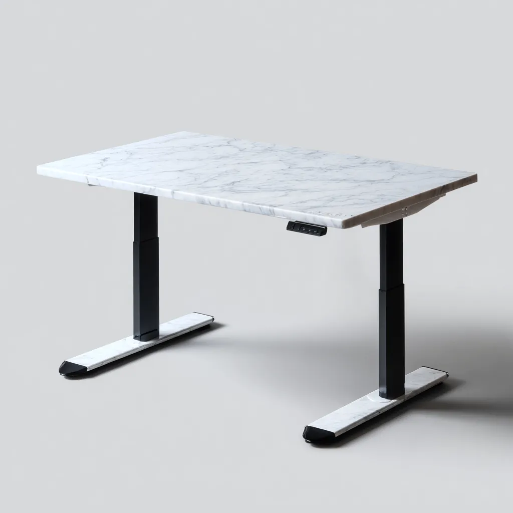Scrivania regolabile elettrica - marmo - metallo - 140x70x75-120 cm - bianco marmo - nero - adatta per ufficio - studio - design moderno-Framearo