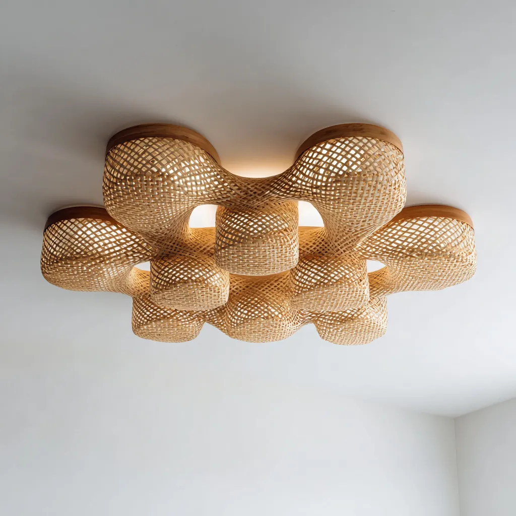 Lampada da soffitto - metallo - rattan - 80x80x25 cm - naturale - per interni - design intrecciato-Framearo