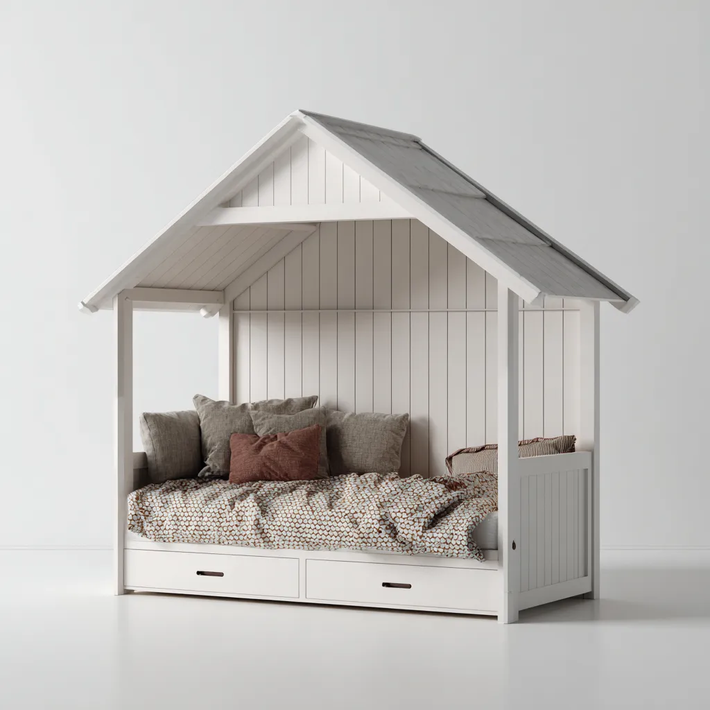 Letto per bambini legno 205x110x185 cm - bianco - per camera da letto - design a casetta con tetto e cassetti-Framearo