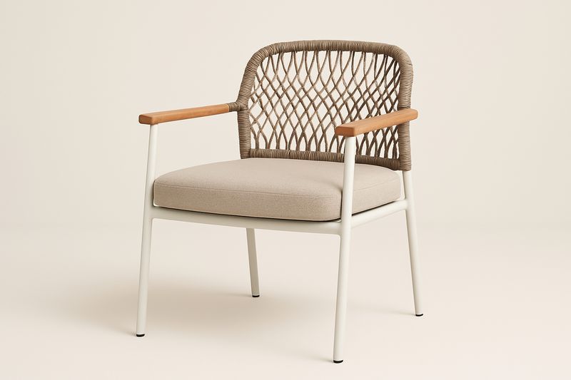 Garten-Stuhl mit Aluminiumrahmen und Seil-Geflecht, Polster Beige/Weiß