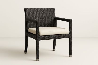Gartenstuhl mit Armlehnen aus PE-Rattan und Sitzkissen, Schwarz/Beige 60x60x85 cm(B×T×H)