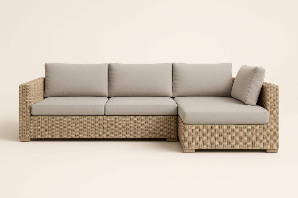 Divano angolare in rattan sintetico con cuscini in poliestere grigio, con cuscini-Levorinta