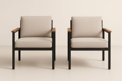 Set di 2 Poltrone in acciaio Legno massello e Tessuto Beige, con cuscini-Levorinta