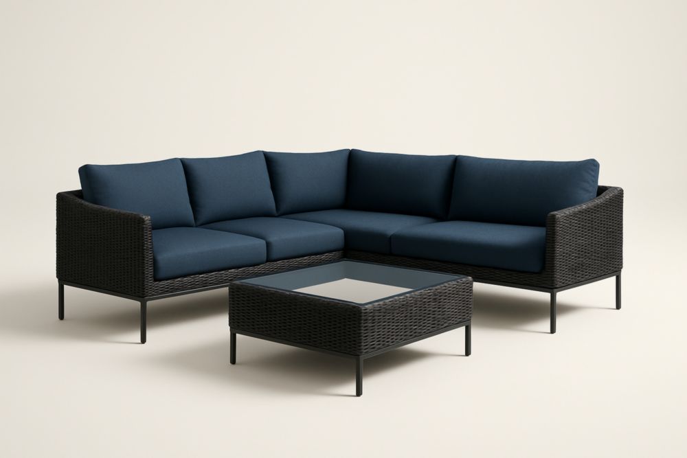 Divano angolare in rattan con tavolino in vetro temperato, con cuscini-Levorinta