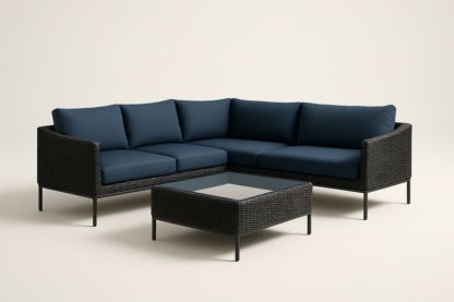 Divano angolare in rattan con tavolino in vetro temperato, con cuscini-Levorinta