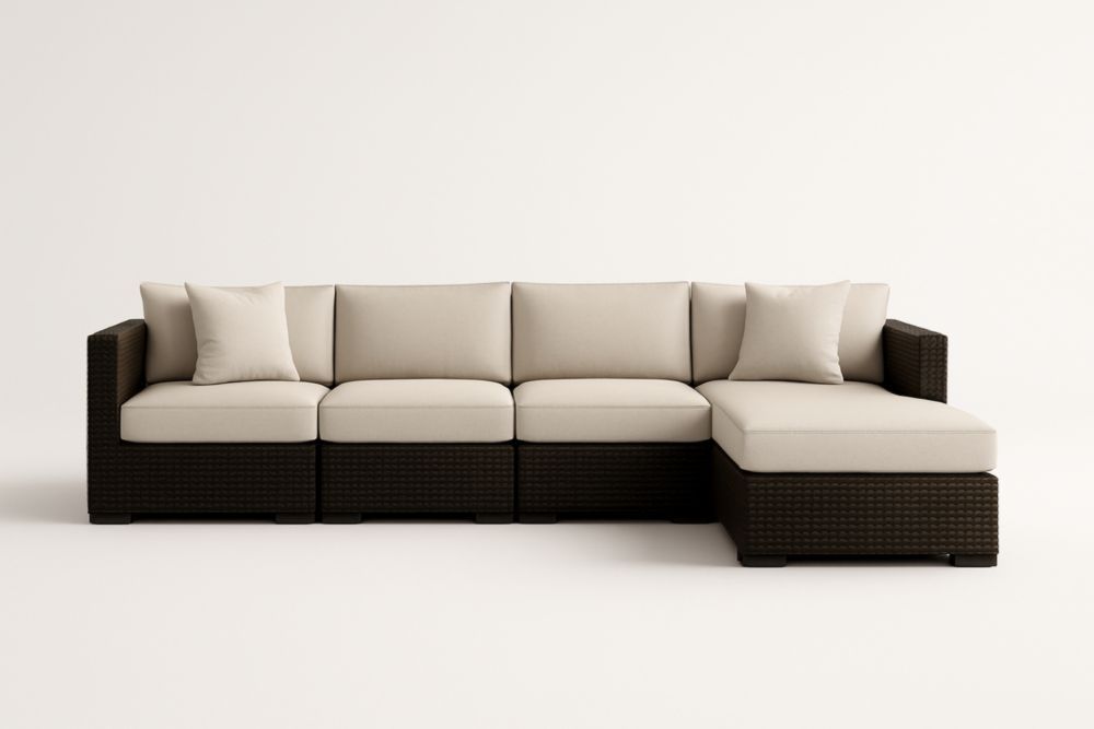 Divano angolare modulare in rattan con cuscini in poliestere, marrone/beige-Levorinta