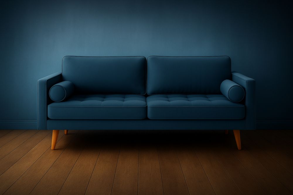 Divano a Due Posti in Tessuto Blu con Gambe in Legno Massello, con cuscini di seduta-Levorinta