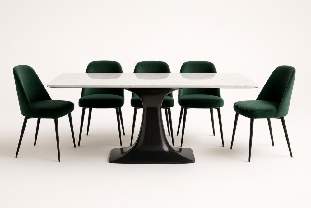 Set Tavolo Rettangolare in Marmo e Sedie in Velluto Verde con Gambe in Alluminio Nero-Levorinta