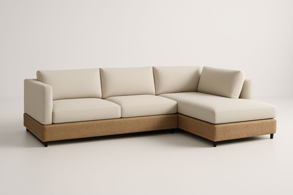 Divano ad Angolo in Tessuto di Poliestere Beige con Base in Vimini 250x150x85 cm-Levorinta