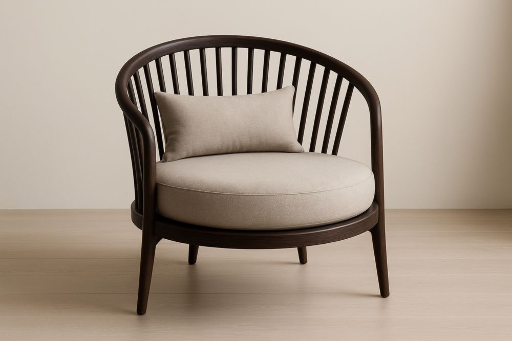 Poltrona Rotonda in Legno di Faggio con Cuscino in Tessuto Beige-Levorinta