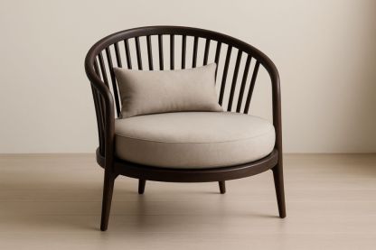 Poltrona Rotonda in Legno di Faggio con Cuscino in Tessuto Beige-Levorinta