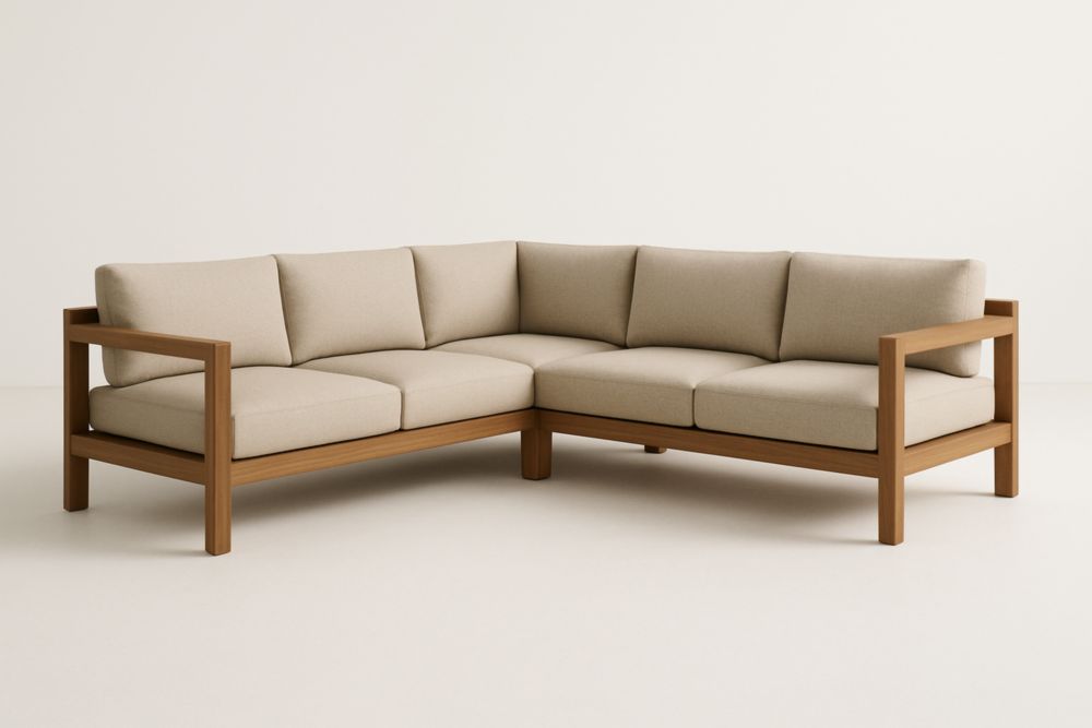 Divano Angolare in Legno Massello e Tessuto Beige, con cuscini-Levorinta