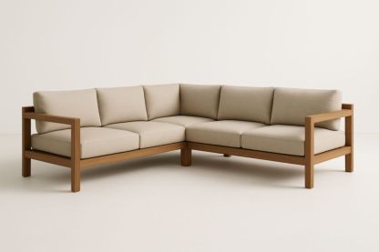 Divano Angolare in Legno Massello e Tessuto Beige, con cuscini-Levorinta