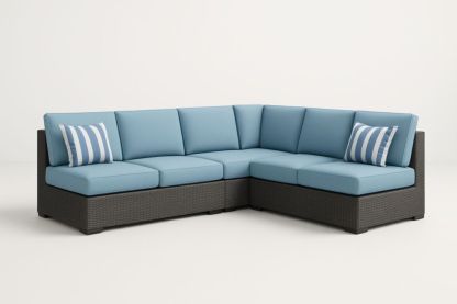 Divano Angolare Modulare da Esterno in Rattan con Cuscini Blu-Levorinta
