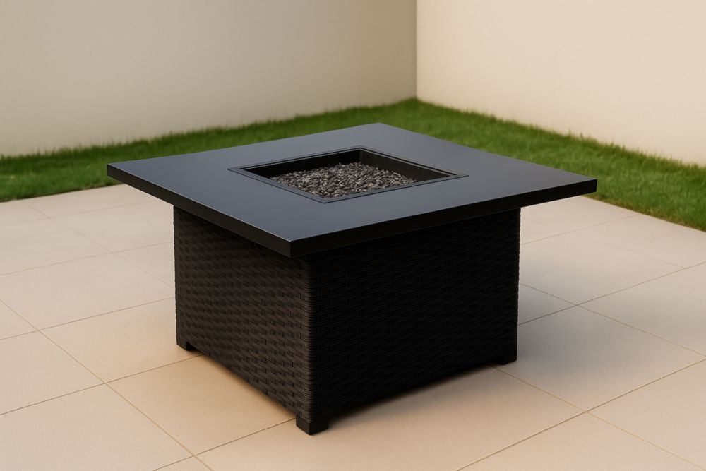 Tavolo da Giardino Quadrato in Rattan con Struttura in Acciaio Verniciato e Centro per Fuoco Nero-Levorinta