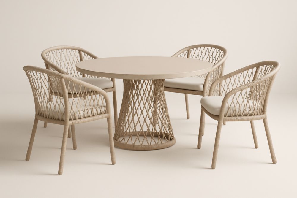Set tavolo rotondo con 4 sedie in acciaio e rattan sintetico beige per esterno-Levorinta