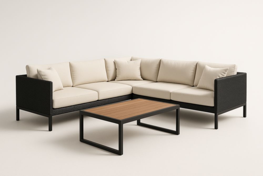 Divano angolare in rattan con tavolino da caffè per esterni, con cuscini-Levorinta