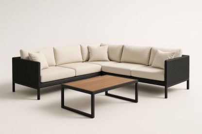 Divano angolare in rattan con tavolino da caffè per esterni, con cuscini-Levorinta