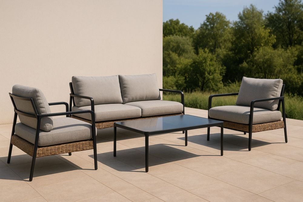 Set da Salotto in Alluminio e Vimini con Cuscini Grigi, Tavolino in Vetro-Levorinta