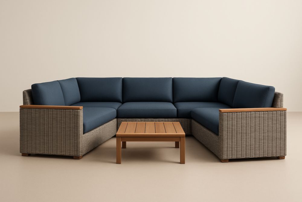 Set Divano Angolare in Vimini con Tavolino in Legno di acacia e Tessuto Blu, con cuscini-Levorinta