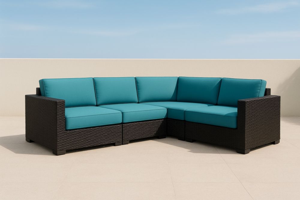 Divano a forma di L modulare per esterno in rattan sintetico con cuscini in poliestere turchese-Levorinta