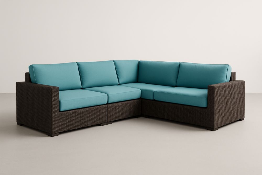 Divano angolare in rattan sintetico con cuscini in poliestere Blu-Levorinta