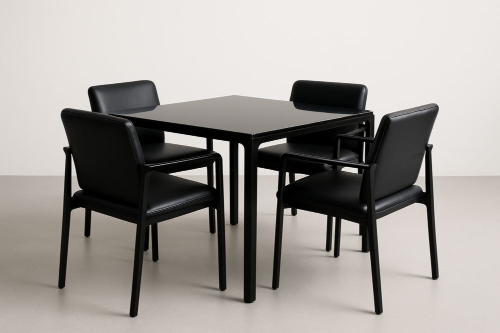 Set tavolo quadrato in vetro temperato nero con 4 sedie in pelle sintetica-Levorinta